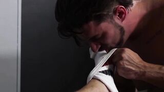 Derek Spears cums as Troy plays with socks and bare feet