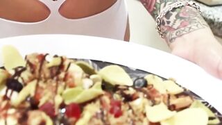 Busty Venus Luxx and TS friend drizzle cum on the dinner plate