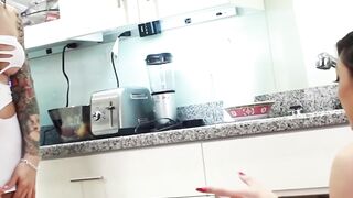 Busty Venus Luxx and TS friend drizzle cum on the dinner plate