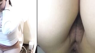 Japanese babe in toilet plunges fingers deep in twat