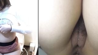 Japanese babe in toilet plunges fingers deep in twat