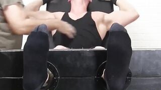 Toothbrush tickle  on helpless bound hunk