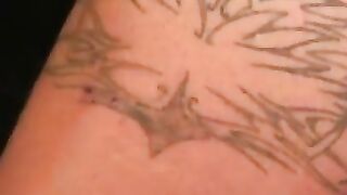 Thick inked hunk wanks his juicy cock in private