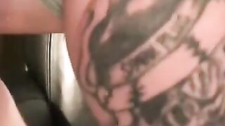 Thick inked hunk wanks his juicy cock in private
