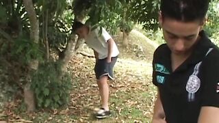 Young Latinos rough pound each other in nature