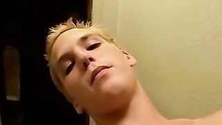 Blond jock jerks big cock till thick cumshot