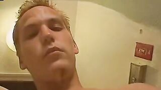 Blond jock jerks big cock till thick cumshot