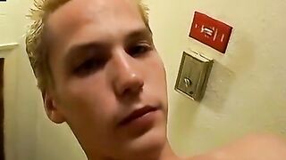 Blond jock jerks big cock till thick cumshot
