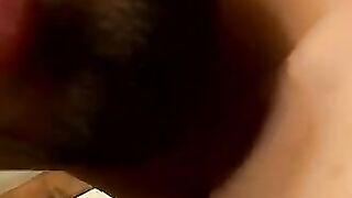 Hairy amateur blasts cum on himself after stroking