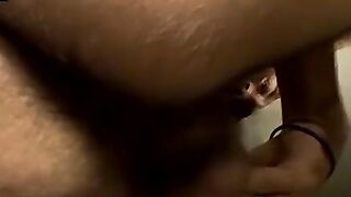 Hairy amateur blasts cum on himself after stroking