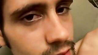 Hairy amateur blasts cum on himself after stroking