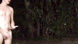 Trio gets wild in woods stroking each other's hard cocks