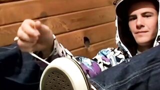Sweet Clyde wanks cock till milk spills on sexy feet