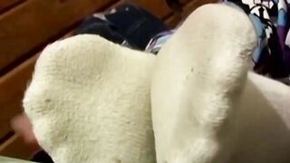 Sweet Clyde wanks cock till milk spills on sexy feet