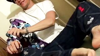 Sweet Clyde wanks cock till milk spills on sexy feet
