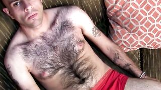 Very furry Joey K jerks throbbing tool till cum flies