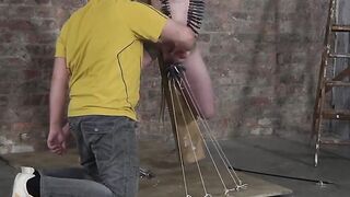 BoyDungeon.com - Grandpa dom covers pale twink's body with clothespins in kinky play
