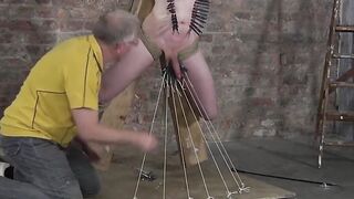 BoyDungeon.com - Grandpa dom covers pale twink's body with clothespins in kinky play