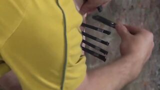 BoyDungeon.com - Grandpa dom covers pale twink's body with clothespins in kinky play
