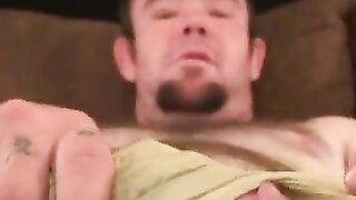 Hairy fat cutie tugs his dick until rock solid
