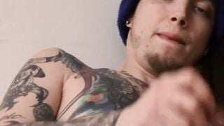 Skinny thug plays with hard cock and full balls roughly