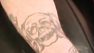 Rough thug wanks cock with inked hand and cums