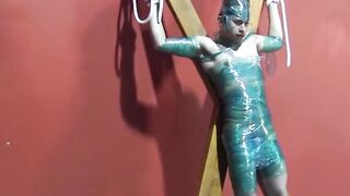 BondageBadBoy.com - Dom tye wraps Whiskey in plastic and bondage for freedom