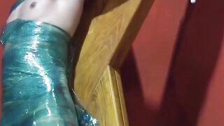BondageBadBoy.com - Dom tye wraps Whiskey in plastic and bondage for freedom