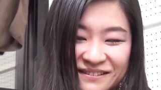 Small titted babe flashes hairy cunt for all viewers