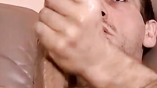 Bald jock strokes dick to porn till cumming hard