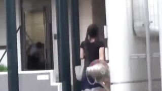 Tall Asian babe tailed by voyeur cam every step