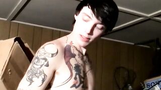 Skinny inked thug teases his hairy stiff shaft