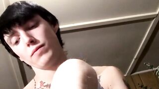 Skinny inked thug teases his hairy stiff shaft