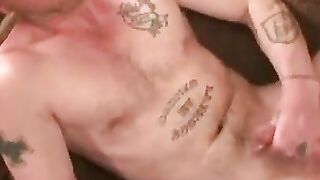 Bald thug jerks off and cums on a plate solo