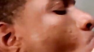 Three gays flood fat black ass and mouth with jizz