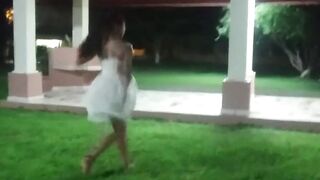 Tiny-titted Asian babe plays with herself outdoors
