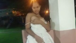 Tiny-titted Asian babe plays with herself outdoors