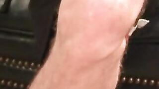 Mature gay strips after the interview and jerks off