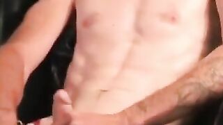Mature gay strips after the interview and jerks off