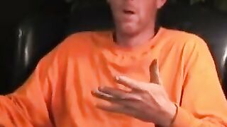 Mature gay strips after the interview and jerks off