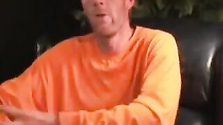 Mature gay strips after the interview and jerks off