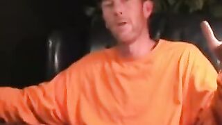 Mature gay strips after the interview and jerks off
