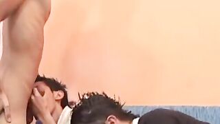 Latino twinks suck cocks then bareback in threeway