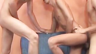 Latino twinks suck cocks then bareback in threeway