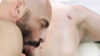 Bald mature stretches twink's virgin hole with thick cock