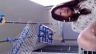 Asian women lift their panties to pee before a hidden camera