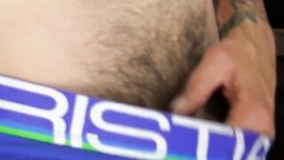 Tatted Christop strokes stiff dick until splooge erupts