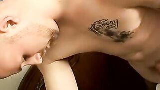 Tattooed young thug jerks till thick ropes appear