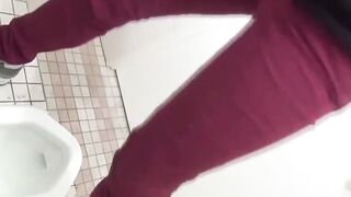Twisted clip of Japanese stunners peeing public restroom