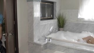 Sneaking into my friends TS GF while taking a bath